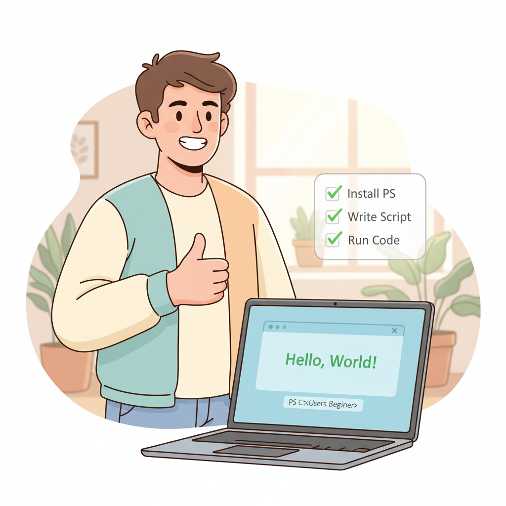 An encouraging illustration of a beginner giving a thumbs up in front of a laptop with a PowerShell window, a small checklist floating beside them with green checkmarks, bright cheerful lighting, warm pastel colors, motivational and welcoming atmosphere