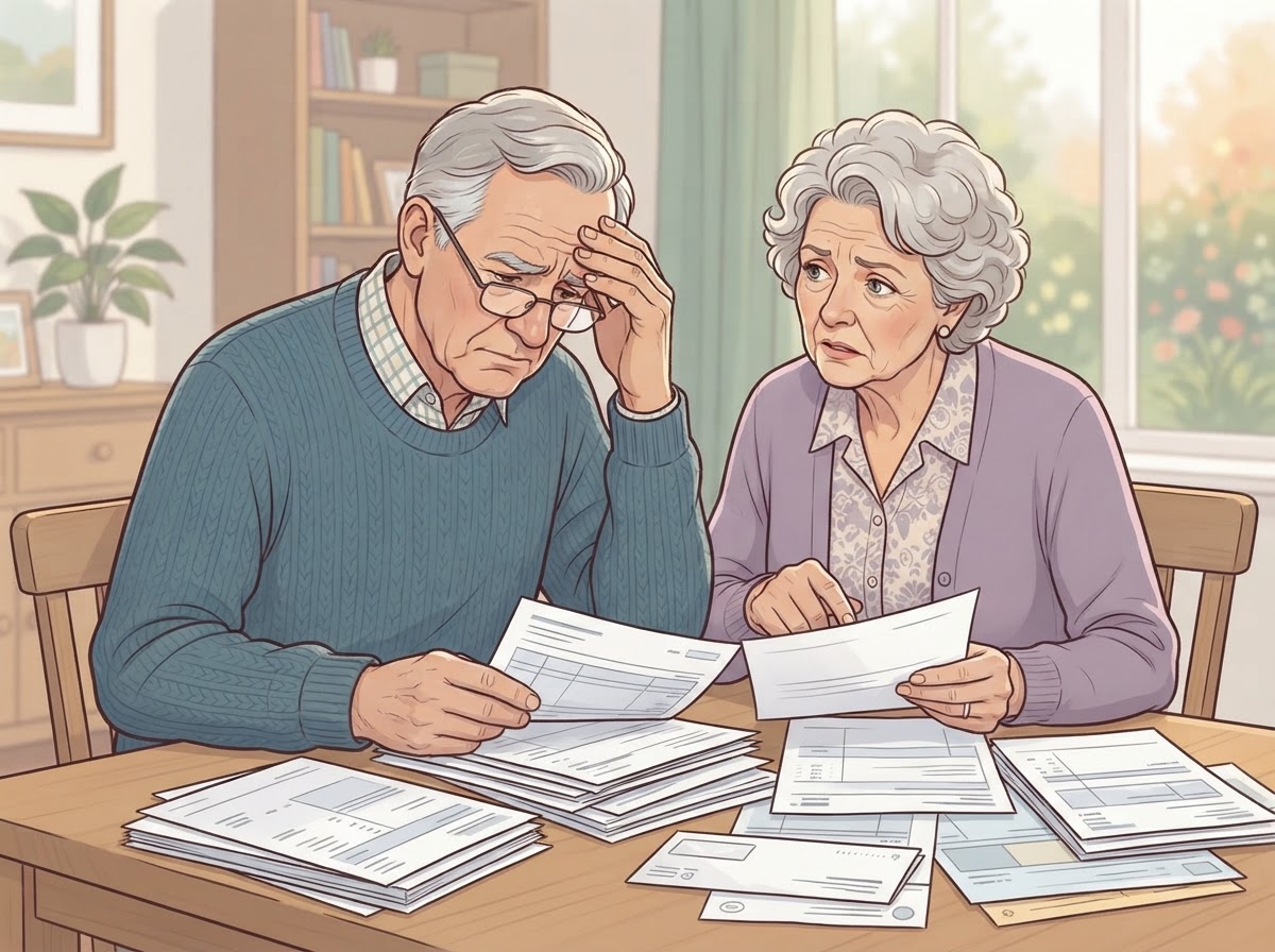worried senior couple reviewing medical bills
