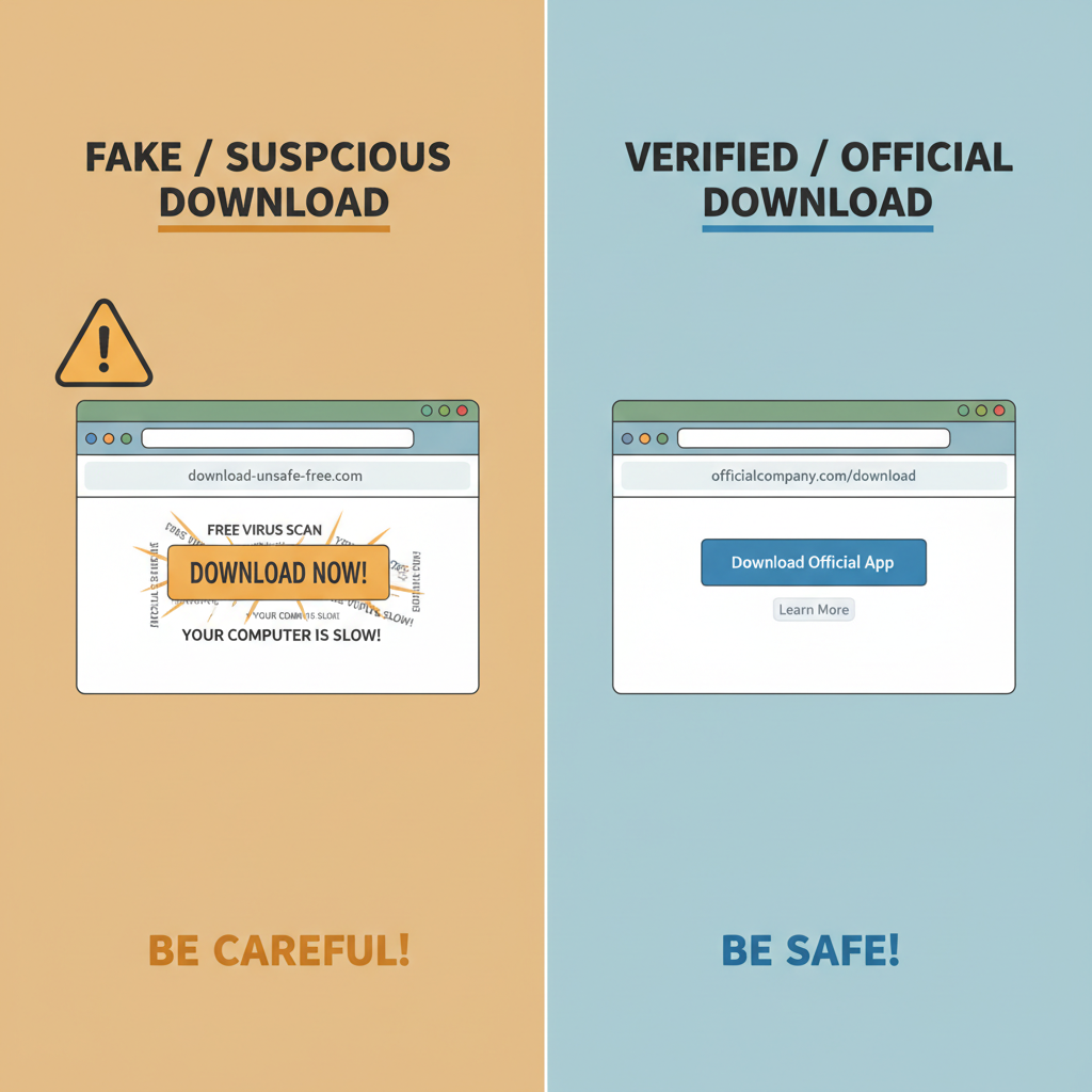 A cautionary illustration showing a warning triangle next to a fake suspicious download website versus a verified official one, split comparison layout, amber warning color accents, clear educational style