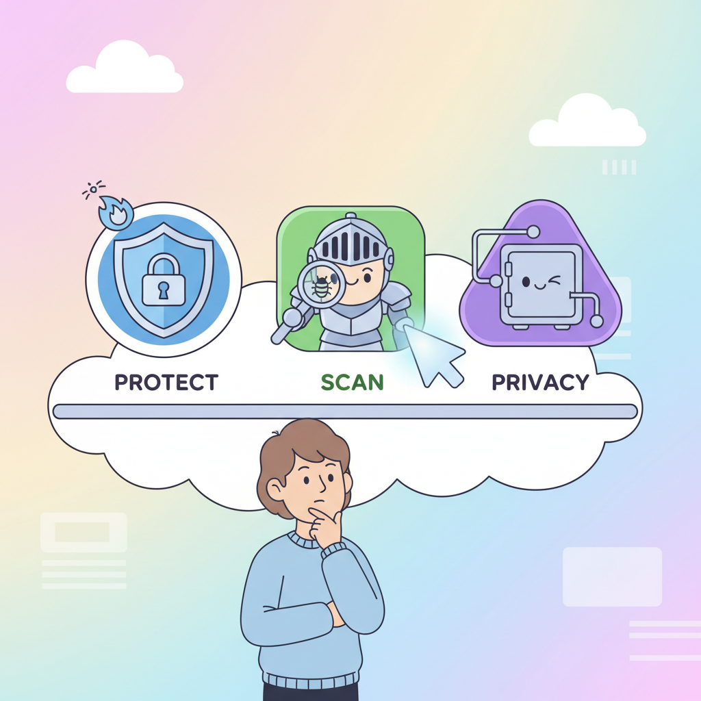 Three friendly cartoon-style security software icons standing side by side like options on a shelf, each with a distinct color, a person thoughtfully choosing between them, clean comparison scene, soft pastel background