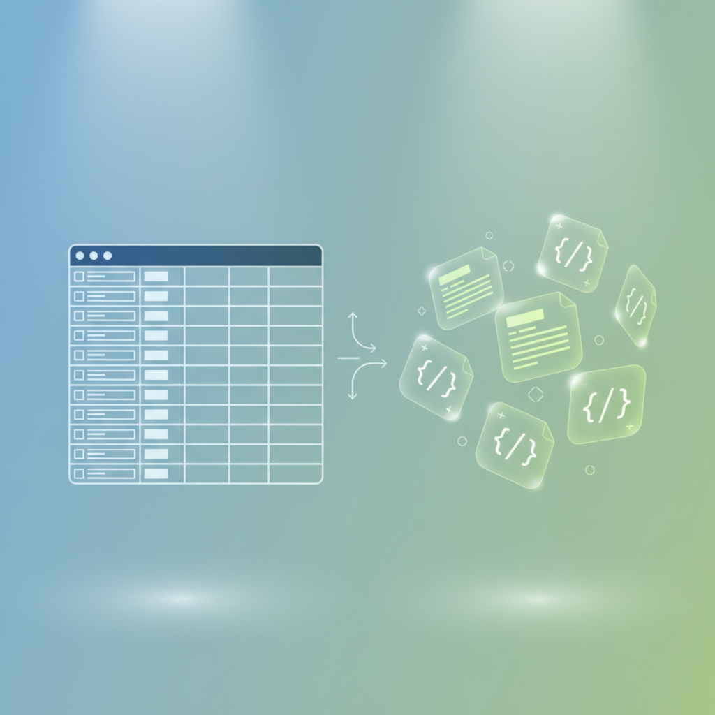 A friendly conceptual illustration comparing two database systems, on the left neatly organized rows and columns like a spreadsheet glowing in blue, on the right flexible floating document cards like JSON bubbles glowing in green, soft studio lighting, clean modern flat design, balanced composition
