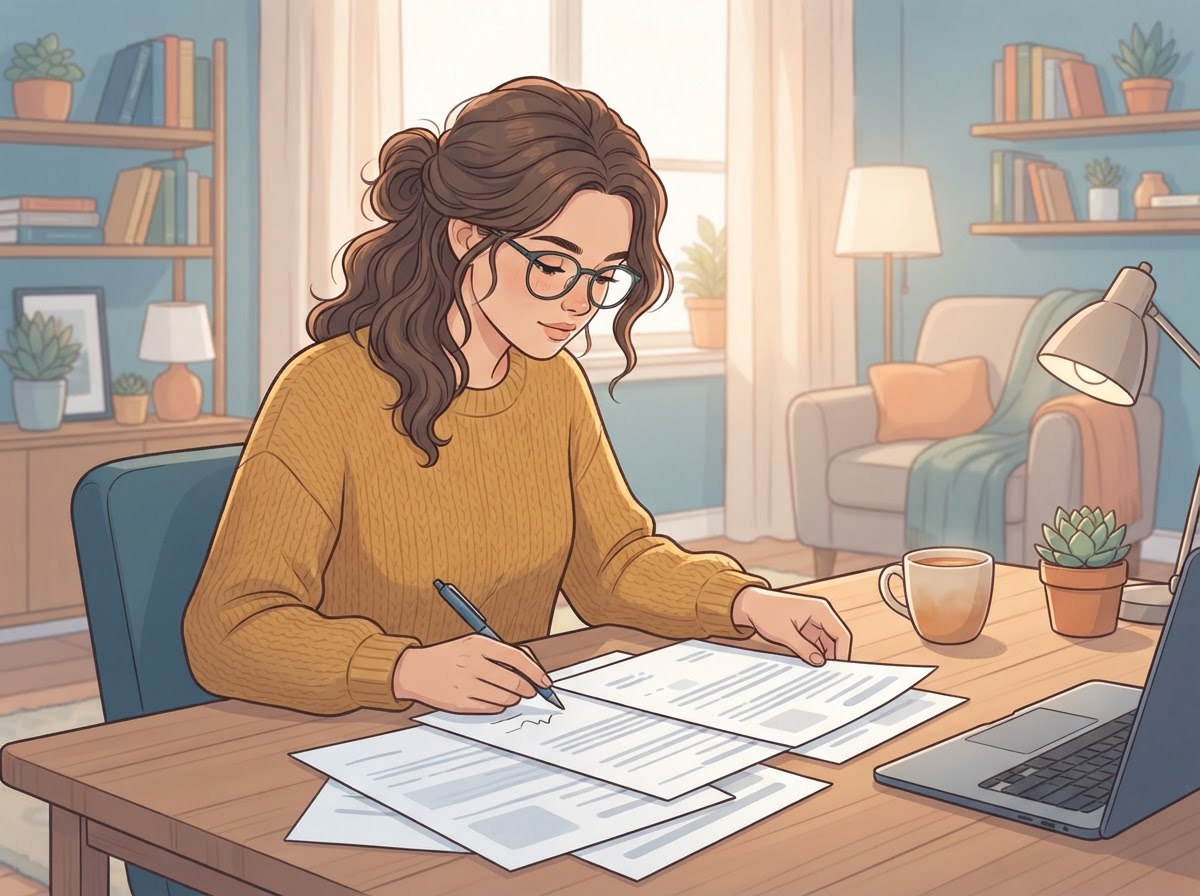 person reviewing insurance documents at home
