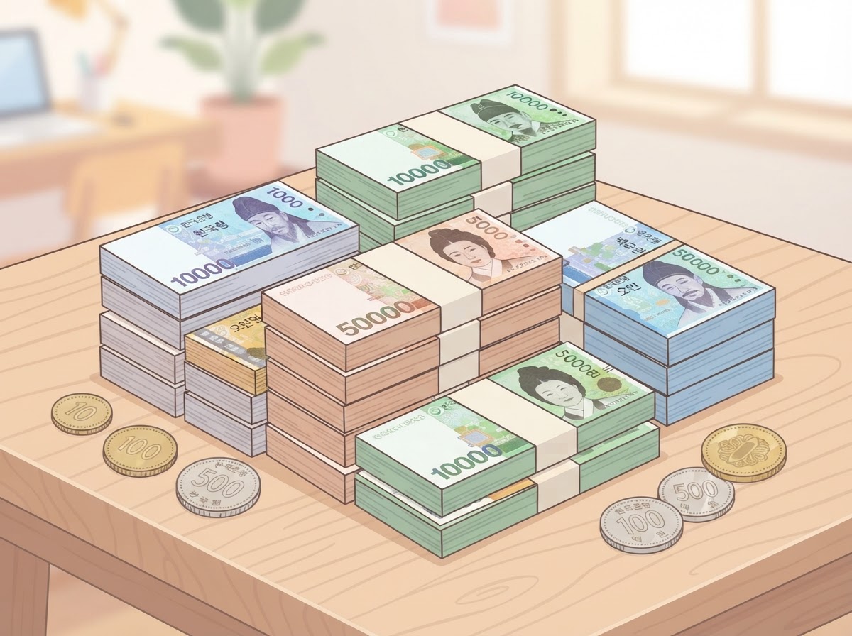korean won cash stack table