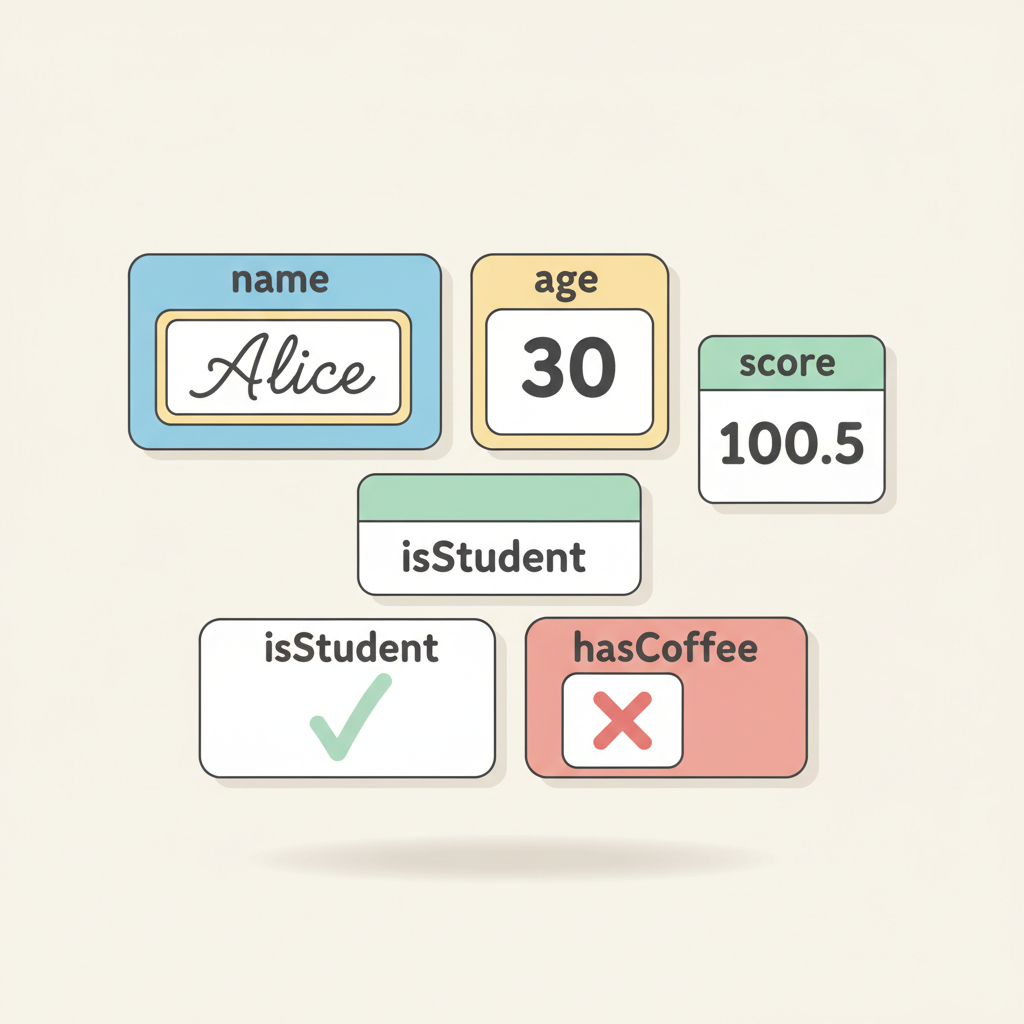 A friendly educational illustration of labeled boxes representing programming variables, each box holding a different item like a name tag, numbers, and true/false symbols, clean flat design, bright pastel colors, soft shadows, playful and clear composition on a light background