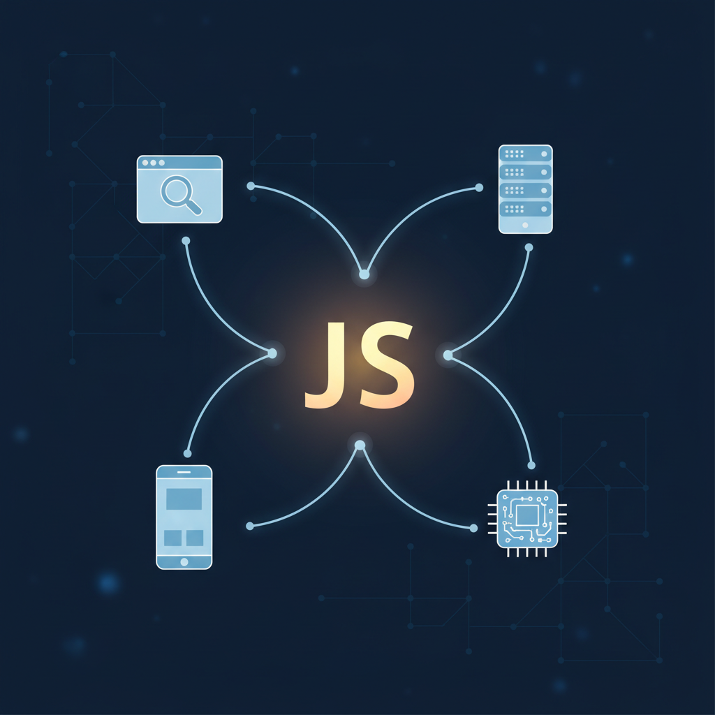 A glowing central JavaScript logo connected by soft light lines to icons of a web browser, a server rack, a smartphone, and a small circuit board, dark blue tech background, clean flat illustration
