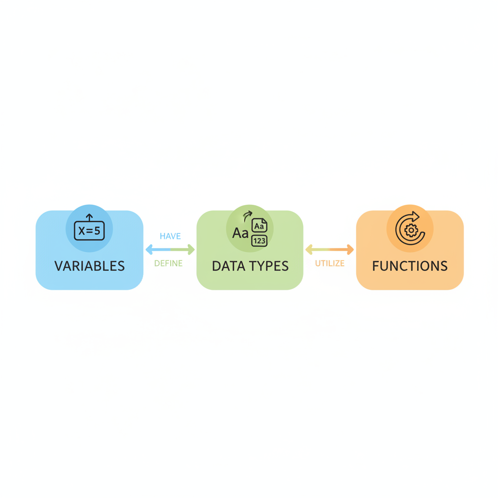 A clean educational diagram showing three labeled boxes for variables, data types, and functions, with simple icons and arrows, bright friendly colors on white background, minimalist infographic style