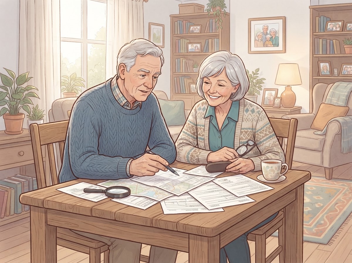 elderly couple reviewing documents home