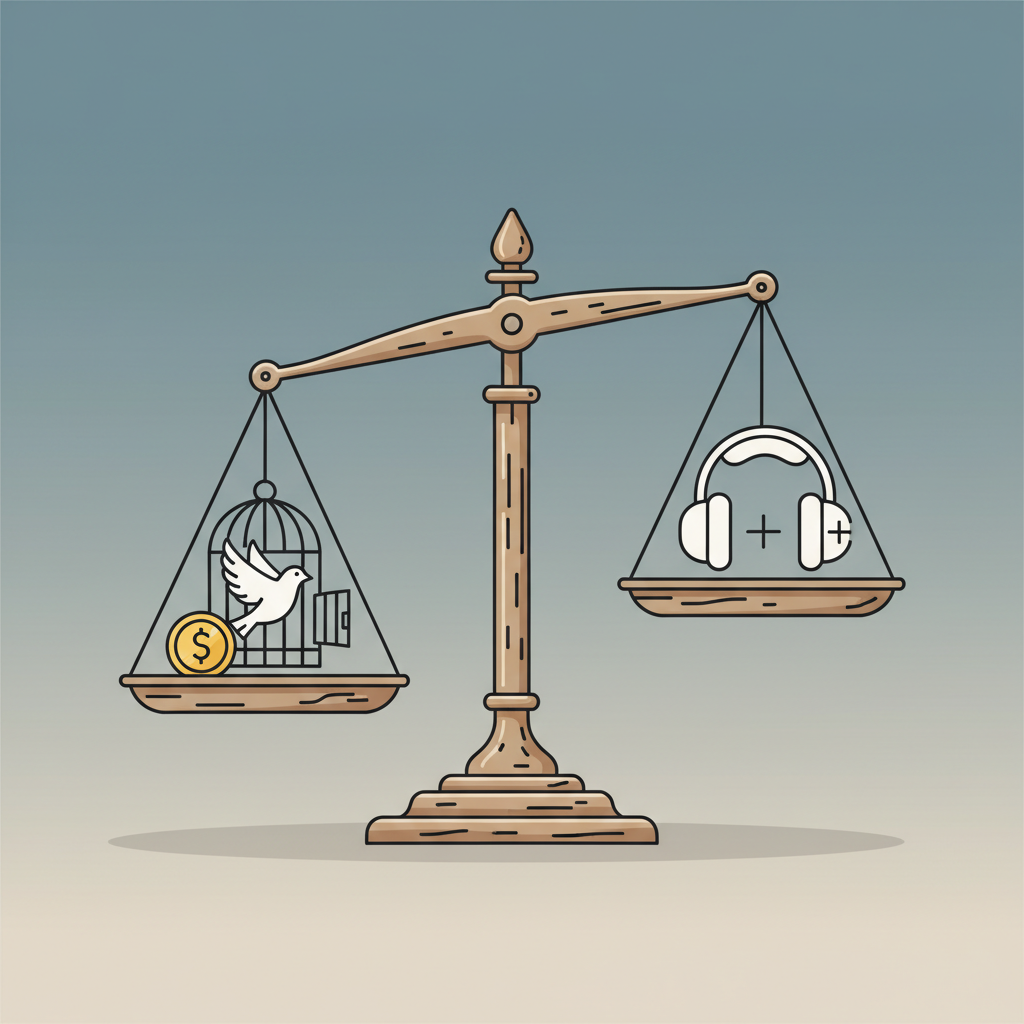 A balanced conceptual scene of an old wooden balance scale, one side showing a coin and freedom symbol, the other side showing a support headset icon, soft studio lighting, muted blue and beige tones, minimalist editorial illustration style