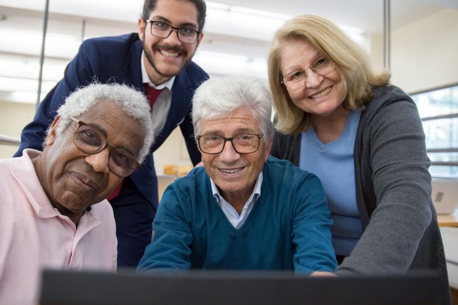 senior friends learning together happy