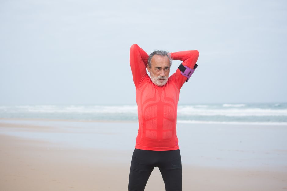 elderly korean man morning routine stretching