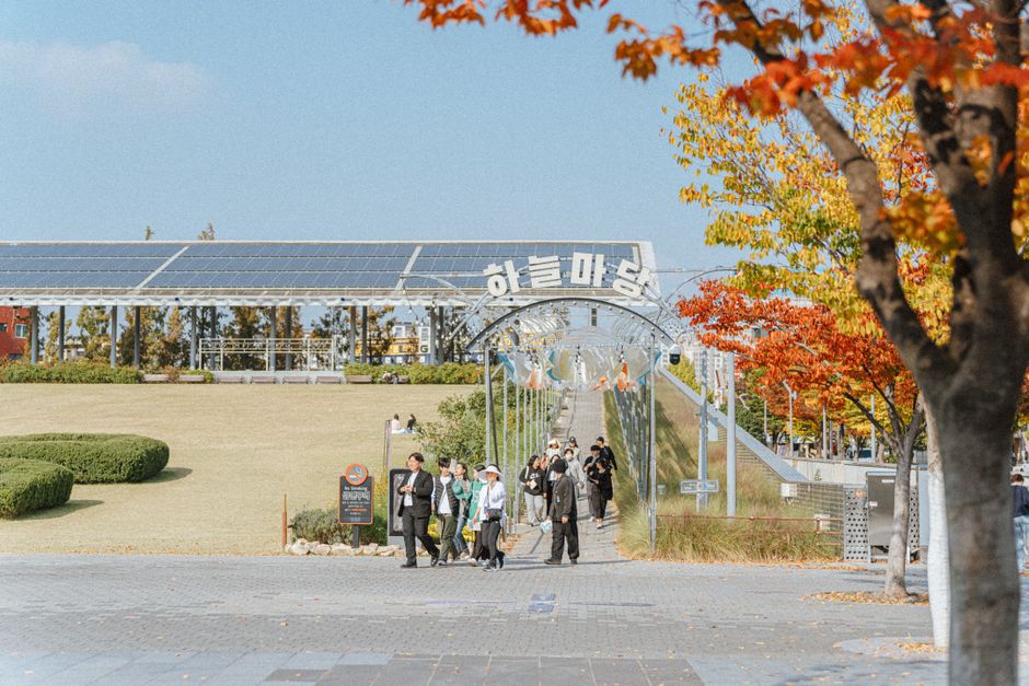 happy elderly korean people walking park