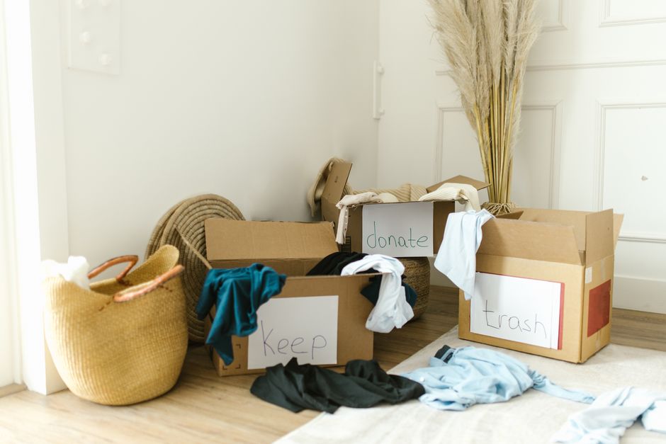 decluttering boxes sorting items