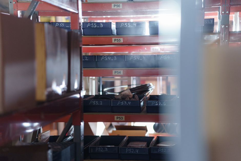 transparent storage bins organized shelf
