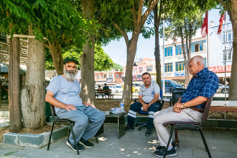 elderly friends chatting community center