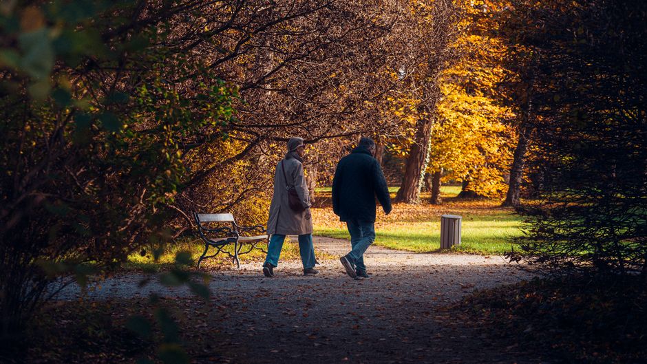 elderly couple walking park autumn